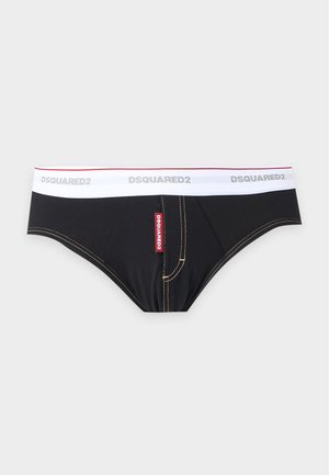 Caleçons noirs pour hommes avec ceinture élastique blanche affichant le logo "DSQUARED2" répété et une étiquette verticale rouge avec le nom de la marque à l'avant.
