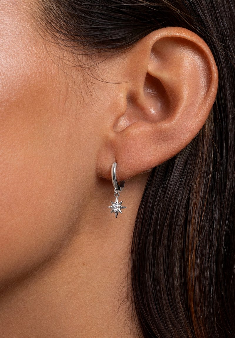 Boucle d'oreille en argent en forme d'anneau avec un charm étoile suspendu orné d'une pierre précieuse centrale. Vue en gros plan mettant en valeur la texture et la forme contre la peau.
