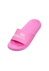 Pink slide sandal featuring a wide strap with embossed branding, textured footbed, and rounded toe design. Made of flexible rubber material.