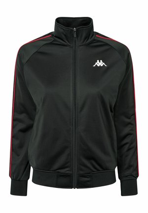 Svart zip-up treningsjakke laget av glatt materiale, med røde sidestreker og en hvit logo på brystet. Ribbestrikkede mansjetter og nederkant.
