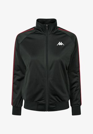 Czarna bluza sportowa na zamek, wykonana z gładkiego materiału, z czerwonymi paskami po bokach i białym logo na piersi. Żebrowane mankiety i dół.