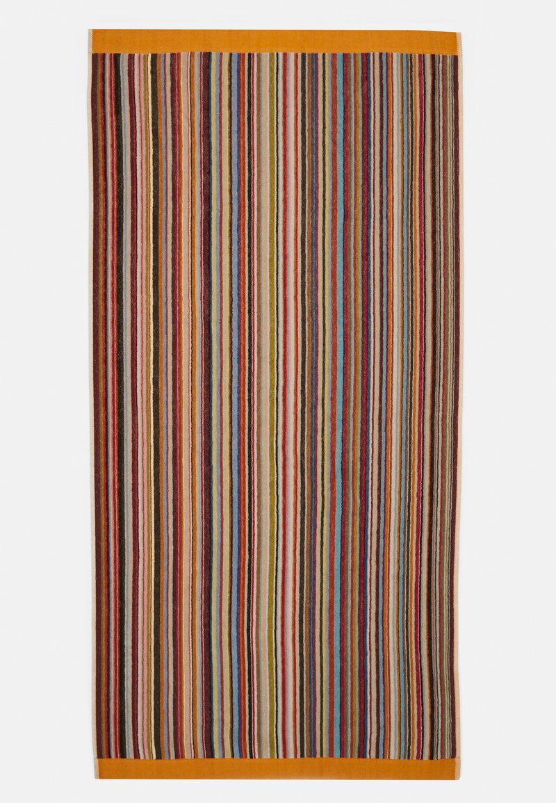 Multicolored striped rug with vertical lines in shades of red, blue, yellow, green, and black, bordered with an orange edge. Soft texture.