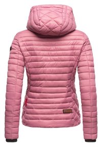 Light pink puffer jacket with a hood, featuring quilted design, horizontal stitching, side pockets, and a brown accent patch on the lower hem.