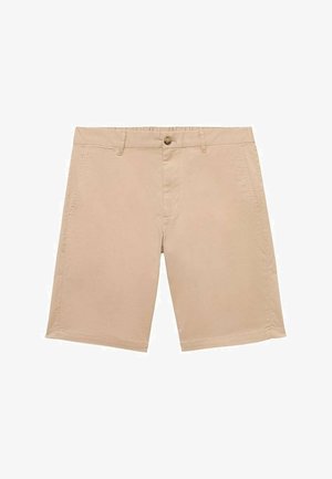 Khaki shorts van een soepele katoenmix, met een rits- en knoopsluiting, riemlussen en zijzakken. Strakke, rechte snit.