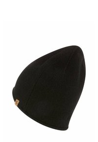 Sort strikket beanie med spids top og ribbet tekstur. Har et lille beige mærke med et logo på siden.