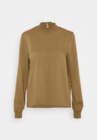Blusa marrone a maniche lunghe con collo alto arricciato e polsini arricciati. Tessuto liscio, design semplice e vestibilità comoda.