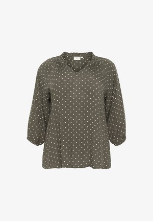 Alyvuogių žalia palaidinė su baltais taškeliais, V formos iškirpte, susirinkusia iškirpte ir trijų ketvirčių rankovėmis, pagaminta iš lengvo, tekstūrinio audinio.