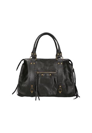 Sac à main en cuir noir avec deux poignées supérieures, poche frontale zippée et accents en métal doré. Surface texturée avec des franges sur les côtés.