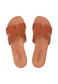 Brown leather sandals with two H-shaped straps. Flat sole and smooth texture. Brand name "VENEZIA" embossed on insole, made in Italy.