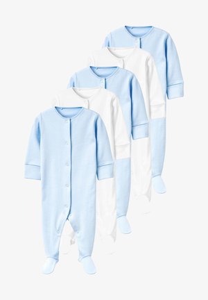 Sæt med fire baby pyjamas i blød bomuld, med lange ærmer, knapper og foddesign. To lyseblå og to hvide muligheder.