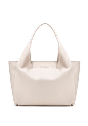 Borsa tote in pelle color crema con due manici e nome del marchio discretamente impresso in rilievo nella parte anteriore superiore centrale.