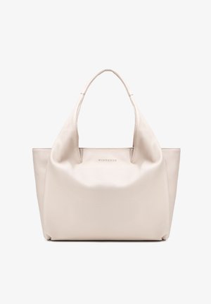 Borsa tote in pelle color crema con due manici e nome del marchio discretamente impresso in rilievo nella parte anteriore superiore centrale.