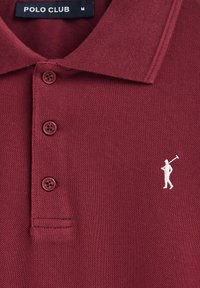 Burgunderfarbene Poloshirt aus strukturiertem Stoff mit drei Knöpfen, versehen mit einem kleinen weißen Silhouettenlogo auf der linken Brust.