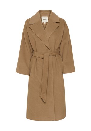 Brown wool-blend coat with a belted waist, wide lapels, and three-quarter sleeves. The fabric has a soft texture and a solid color.