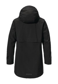Schwarze wasserdichte Jacke mit Kapuze, langen Ärmeln und mittellanger Schnittführung. Verfügt über einen Belüftungsbereich hinten und eine Reißverschlusstasche auf dem linken Ärmeln.