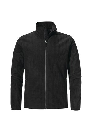 Schwarze Zip-Jacke aus strukturiertem Stoff, mit Stehkragen und zwei seitlichen Taschen mit Reißverschluss. Dezentes Markenlogo auf der Brust.