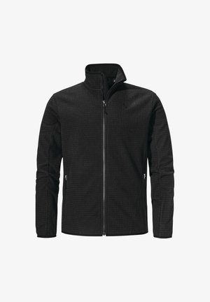 Schwarze Zip-Jacke aus strukturiertem Stoff, mit Stehkragen und zwei seitlichen Taschen mit Reißverschluss. Dezentes Markenlogo auf der Brust.