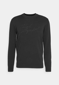 Schwarzer Pullover mit langen Ärmeln, Rundhalsausschnitt und subtiler Hochprägung mit der Aufschrift "Karl Lagerfeld" auf der Vorderseite.