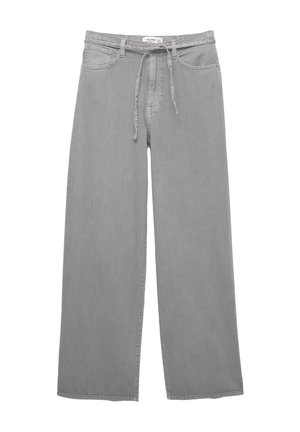Grijs denim broek met wijdout, een trekkoord in de taille, vijf zakken en een gestructureerde afwerking. Eenvoudig en veelzijdig ontwerp.