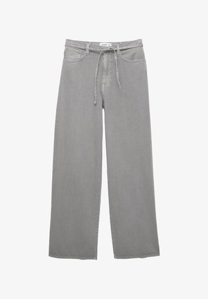 Pantaloni in denim grigio a gamba larga, con vita regolabile, cinque tasche e finitura testurizzata. Design semplice e versatile.