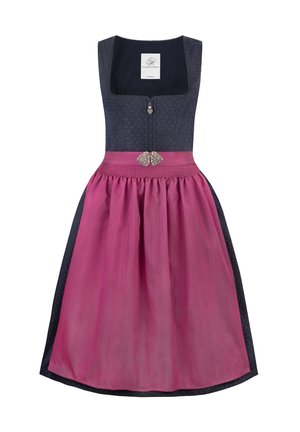 Traditionelles dunkelblaues Kleid mit quadratischem Ausschnitt, vorderem Reißverschluss und rosa Schürze, die in der Taille mit einem silbernen, herzförmigen Gürtel gebunden ist.