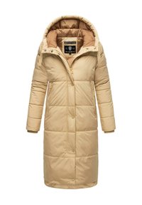 Beige lange pufferjas met een capuchon, voorzien van een ritsluiting, zijzakken, een doorgestikt patroon en een binnenvoering in een lichtere tint.