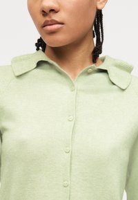 Γυναίκα με πλεξούδες που φοράει ένα ανοιχτό πράσινο πουλόβερ με κουμπιά, ανοικτό γιακά και υφασμάτινες, φαρδιές ακμές γιακά.