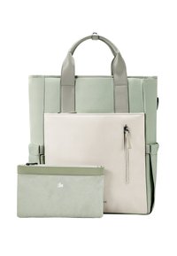 Borsa a tracolla in pelle di colore verde chiaro e beige con due manici superiori e una tasca frontale con zip. Include una borsa con zip abbinata in un colore simile.