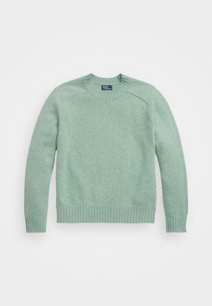 Jasnozielony sweter z okrągłym dekoltem, z prążkowanymi mankietami i ściągaczem u dołu, długimi rękawami oraz małą metką Polo Ralph Lauren przy szyi.