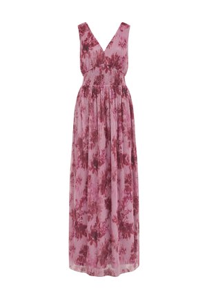 Varrukateta roosa maksikleit sügava V-kaelusega ja tumeda lillemustriga, kogutud vöökohaga ning voolava voldilise seelikuga.