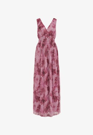 Robe maxi sans manches rose avec un décolleté en V profond et un motif floral foncé, taille froncée et jupe plissée fluide.