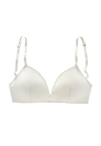 White triangular bra with textured geometric pattern, adjustable straps, and a small center bow detail. Lightweight fabric with soft finish.