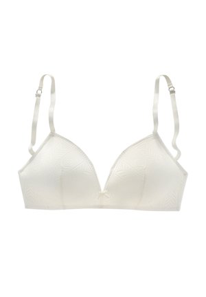 Soutien-gorge triangolare bianco con motivo geometrico testurizzato, spalline regolabili e un piccolo fiocco al centro. Tessuto leggero con finitura morbida.