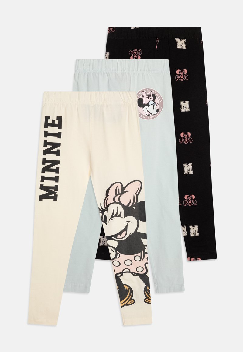 Trois paires de leggings : crème avec un motif Minnie Mouse, bleu clair avec le logo rond de Minnie, noir avec des silhouettes de souris roses. Matériau en coton.