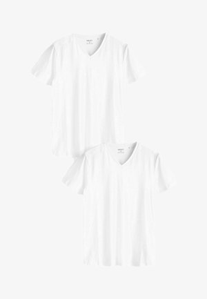 T-shirt bianchi in cotone a scollo a V, con maniche corte e un design semplice. Il pacchetto include due magliette identiche, caratterizzate da una texture liscia.