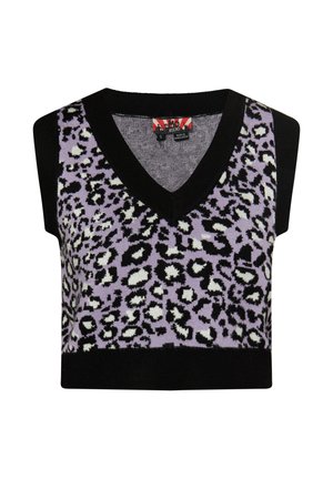 Lilla leopardtryk crop top med en sort V-udskæring og armhuller. Lavet af strikket materiale, med kontrasterende sort kant langs kanterne.