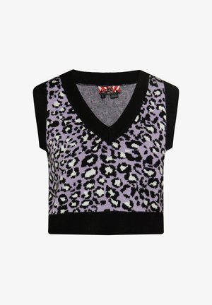 Lilla leopardimustriga lühike topp, millel on must V-kaelus ja käeaugud. Valmistatud kudumaterjalist, mille servades on kontrastne must ääristus.