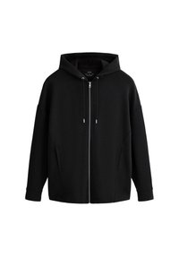 Sweat à capuche noir zippé intégral avec poches avant, capuche à cordon et manches longues présenté sur fond blanc.