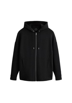 Schwarzer Full-Zip-Hoodie mit Fronttaschen, Kordelzugkapuze und langen Ärmeln, dargestellt vor weißem Hintergrund.