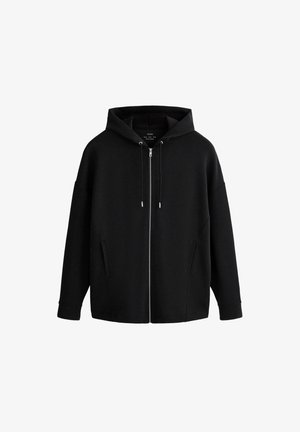 Black full-zip hoodie with front pockets, drawstring hood, and long sleeves displayed on a white background.