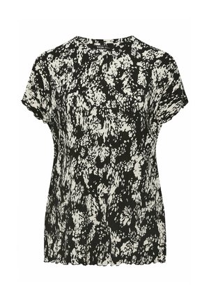 Blusa de manga corta en blanco y negro con estampado floral abstracto y bordes festoneados en las mangas y el dobladillo.