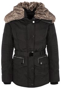 Svart pufferjacka med krage i päls, bälte i midjan, dragkedjefickor på sidorna och texturerade stygn. Har knappstängning.