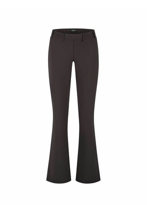 Zwarte, op maat gemaakte damesbroek met riemlussen en uitlopende pijpen, voorkant getoond op een witte achtergrond.