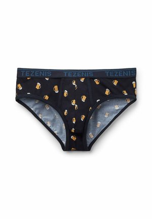 Bragas de algodón negras con un patrón de jarras de cerveza amarillas, con una cinturilla azul de TEZENIS y una textura suave.