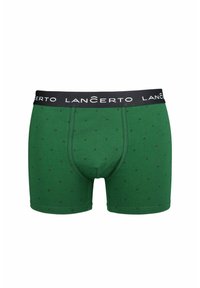 Zielone bokserki wykonane z miękkiego materiału, z czarnym paskiem w talii z logo "LANCERTO" i drobnymi czarnymi kropeczkami na całej powierzchni.