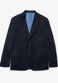 Marinblå kavaj med två framfickor, enkelknäppt design, slitsade slag och ett ljusblått foder. Svarta knappar och subtil textur.