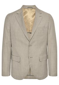 Brun och vit rutmönstrad kavaj med en enkel knapp framtill, spetsiga slag, två framfickor och ett slätt beige foder.