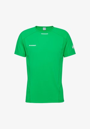 Maglietta sportiva verde a maniche corte realizzata in tessuto leggero, con colletto a girocollo, cuciture piatte e un piccolo logo sul davanti e sulla manica.