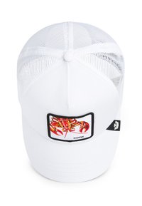 Casquette de baseball blanche avec un dos en mesh, ornée d'un écusson graphique de homard et du texte "COOK" sur un fond noir.