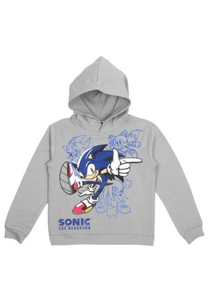 Gray hoodie featuring a large graphic of Sonic the Hedgehog in action, with blue outlines and red accents on shoes. Text reads "SONIC THE HEDGEHOG."